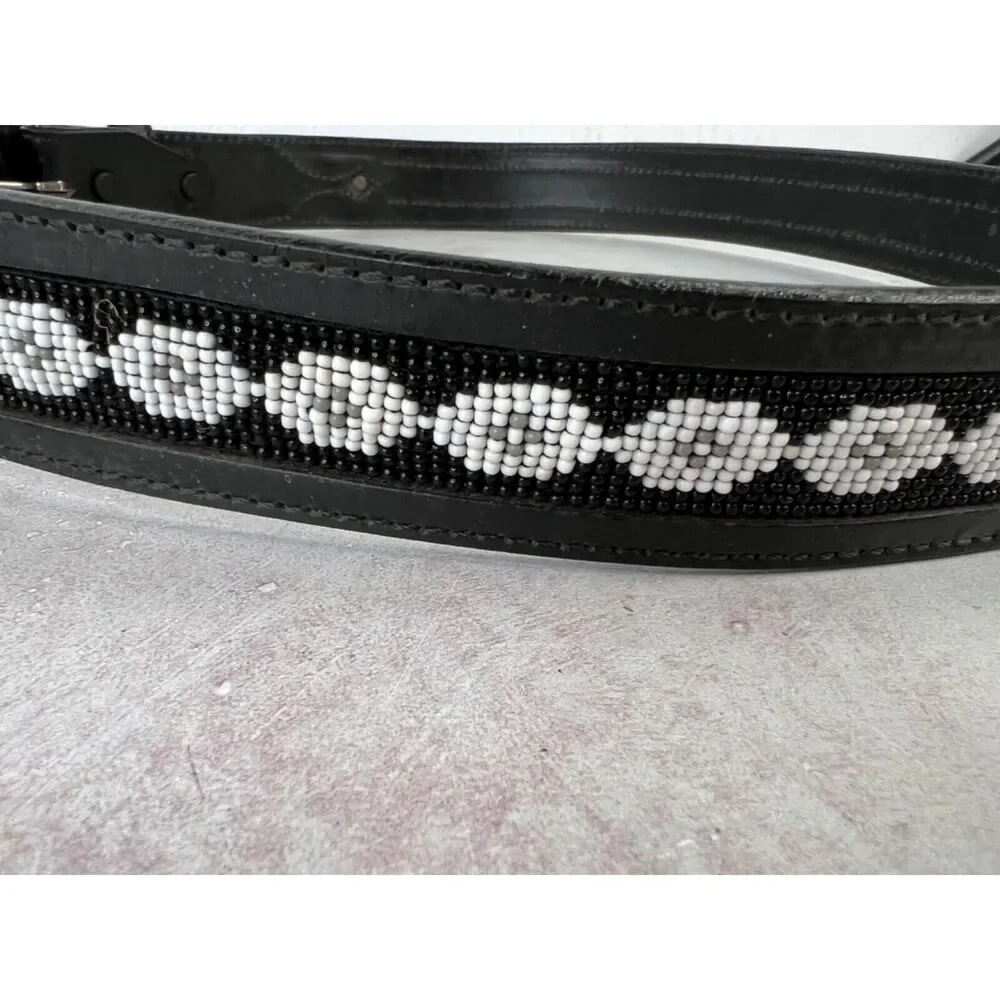 Black Leather Belt With‎ Beaded Southwestern Pattern & Silver Buckle Western